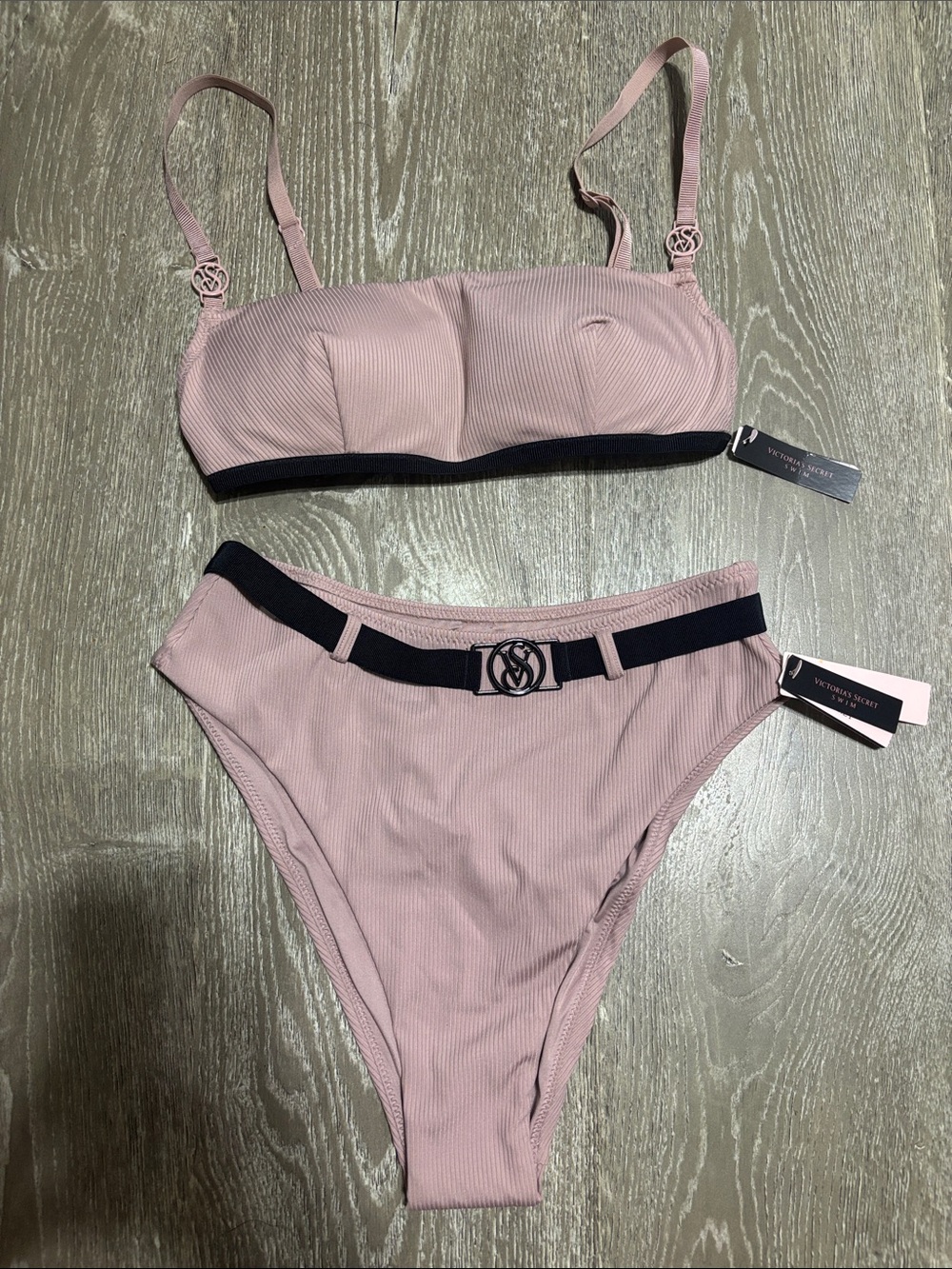 Victoria's Secret Wild Wanderer bikini in dusty pink with black trim and belt
